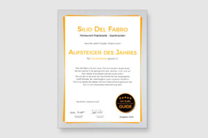 Silio Del Fabro Urkunde Aufsteiger des Jahres 2022. Die Datei ist ein Foto im JPEG-Format.